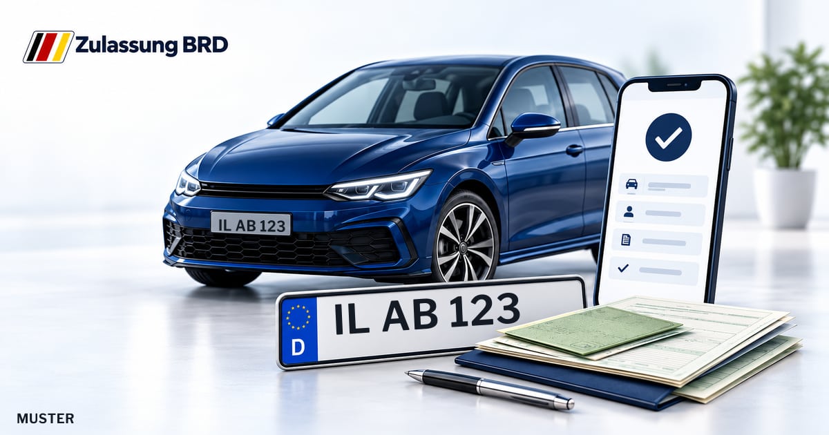 Online Fahrzeugzulassung in Ilmenau: Musterkennzeichen IL AB 123, Auto und Fahrzeugpapiere und Smartphone. Illustration mit Logo von Zulassung BRD.